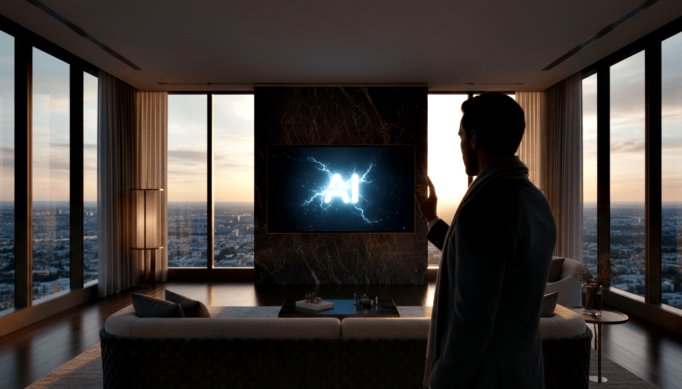 Male silhouette facing TV showing glowing 'AI' text with blue lightning, floor-to-ceiling city windows at amber dusk.