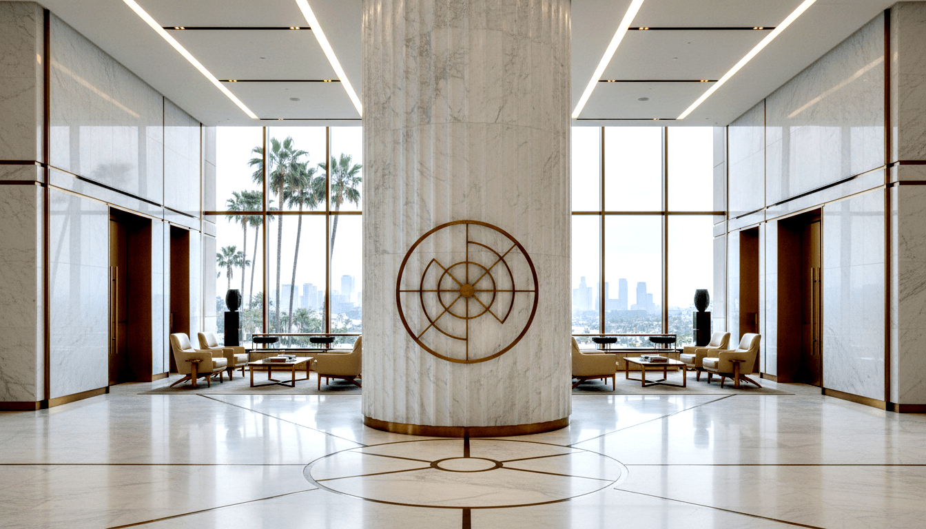 Symmetrical lobby: marble column, bronze-gold medallion, cream armchairs, bronze elevator doors, gold geometric floor inlay, palm tree view.