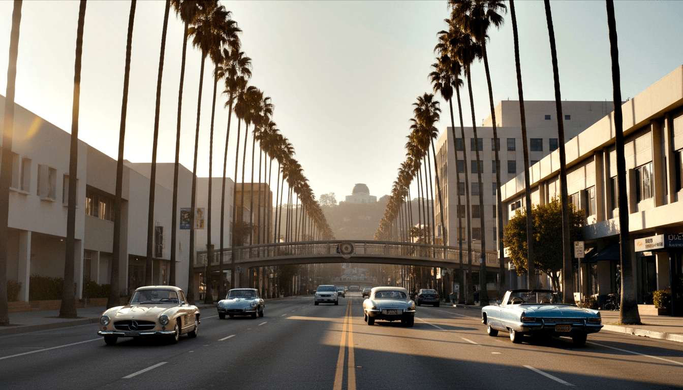 Wide palm-lined boulevard with classic roadsters converges toward a pedestrian overpass; domed structure rises through haze behind.