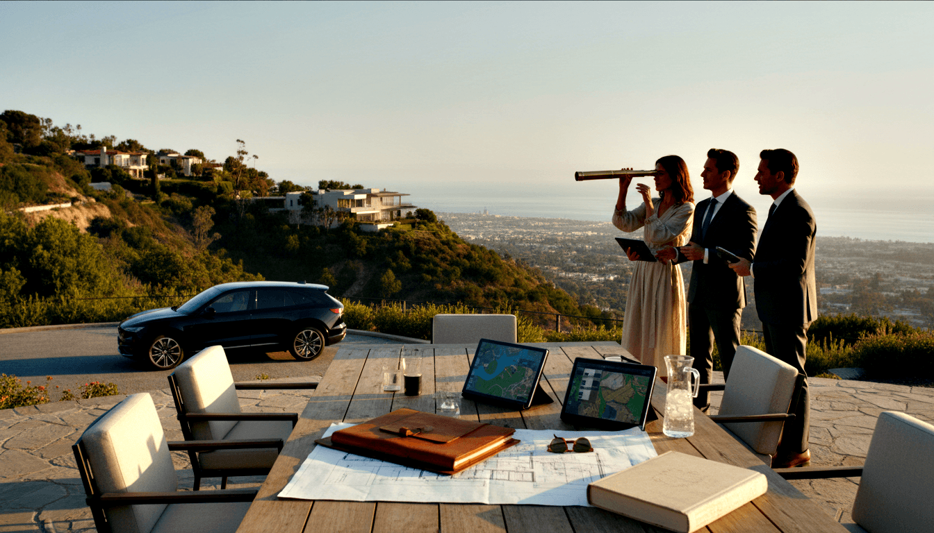 Three adults on a stone hilltop terrace at golden hour; woman in cream dress holds brass telescope, two men in dark suits, coastal city behind.