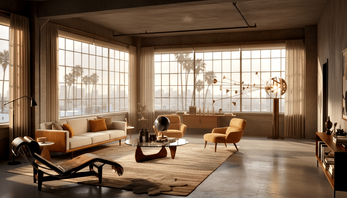 CGI mid-century modern loft with concrete floors, beige sofa, leather chaise, mustard armchairs, and floor-to-ceiling windows with city skyline.