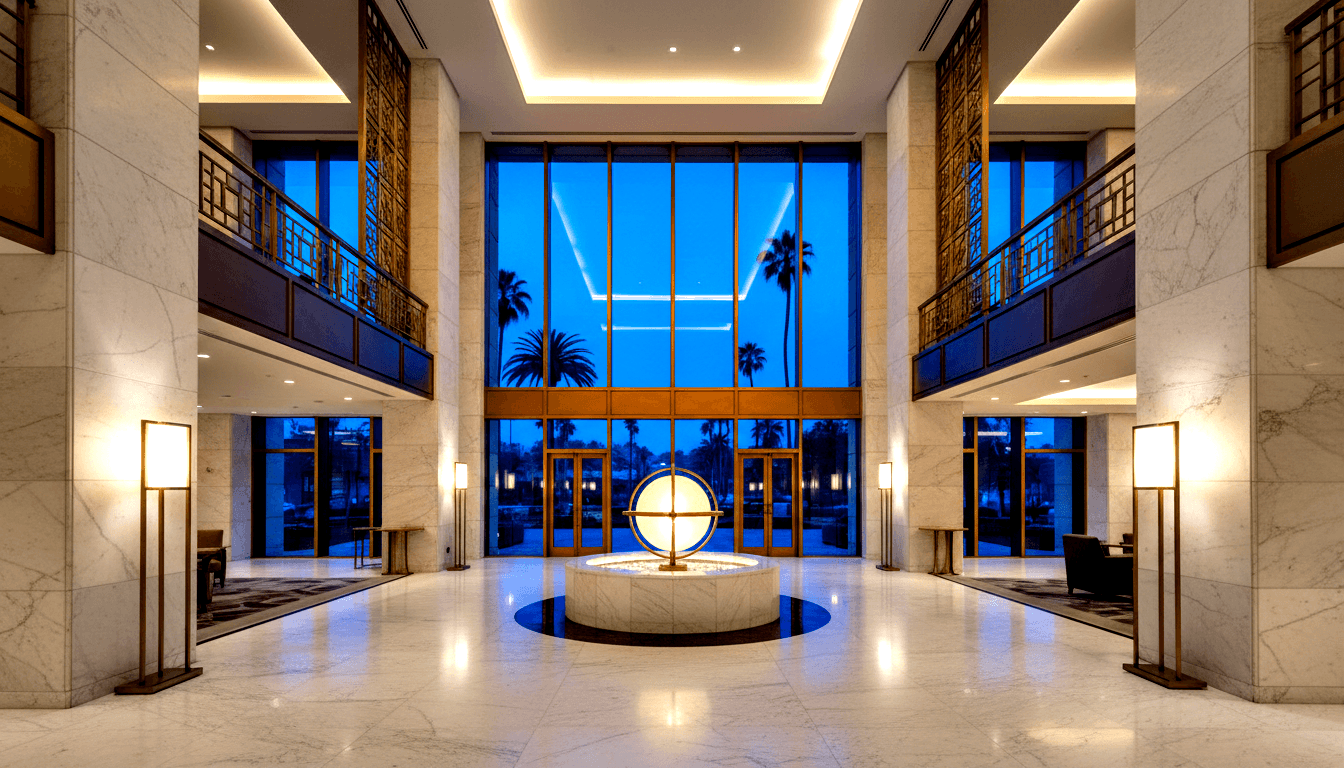 Symmetrical double-height marble lobby with glowing spherical sculpture, bronze lattice balconies, and palm trees visible at twilight.