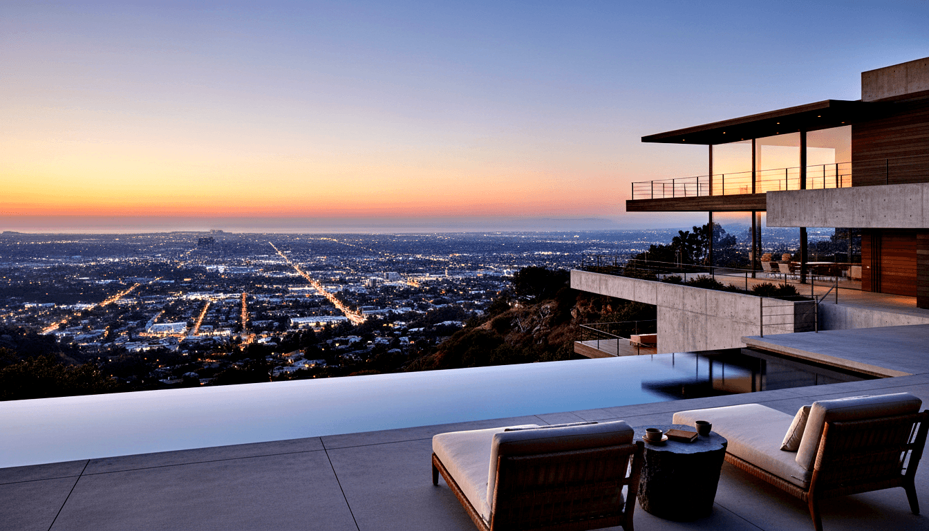 Infinity-edge pool on a hillside terrace at dusk overlooking a lit urban grid and distant water under an orange-to-lavender sky.