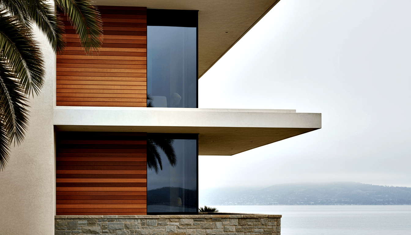 Two-story building with floor-to-ceiling dark-tinted glazing, reddish-brown wood cladding, white cantilevered overhangs, and stone veneer base.