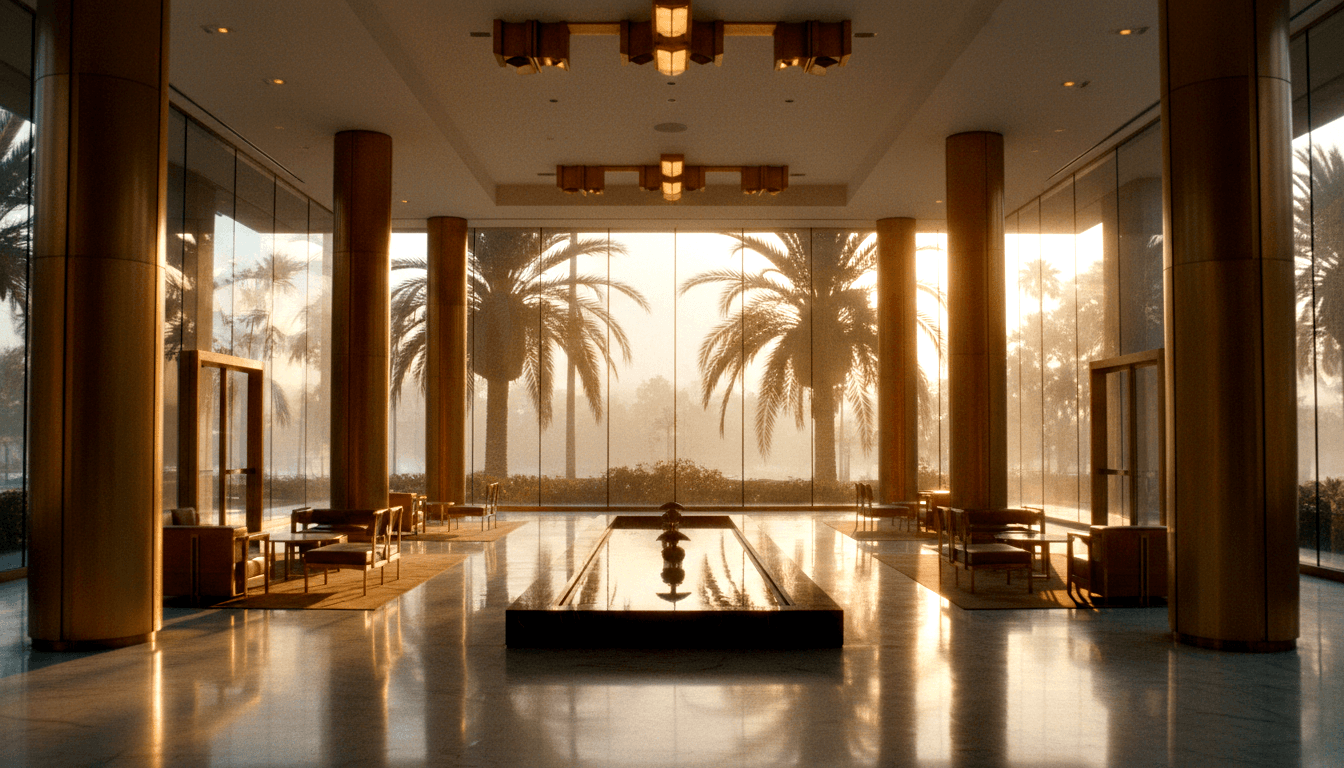 Grand lobby with dark-stone reflecting pool, wooden armchairs, cylindrical columns, and backlit palm silhouettes through glass wall.
