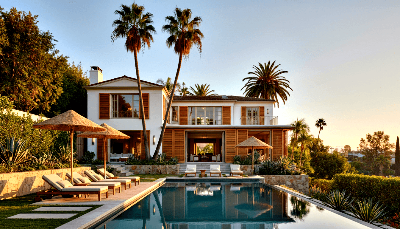 Two-story cream-walled villa with rectangular blue-green pool, teak lounge chairs, thatched parasols, and palms at golden hour.