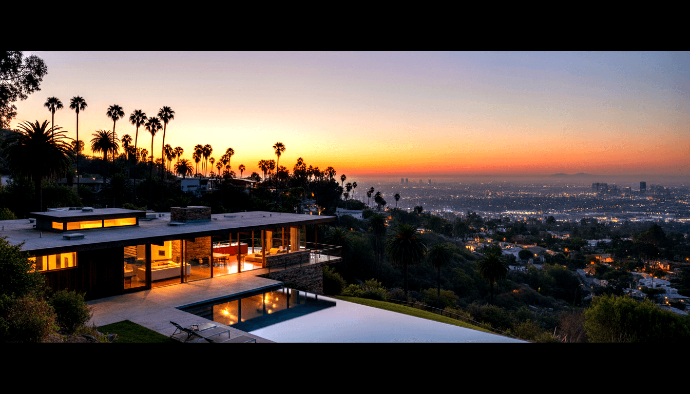Modernist glass home with infinity pool on hillside terrace; amber interior light reflects in steel-blue water above city sprawl at dusk.