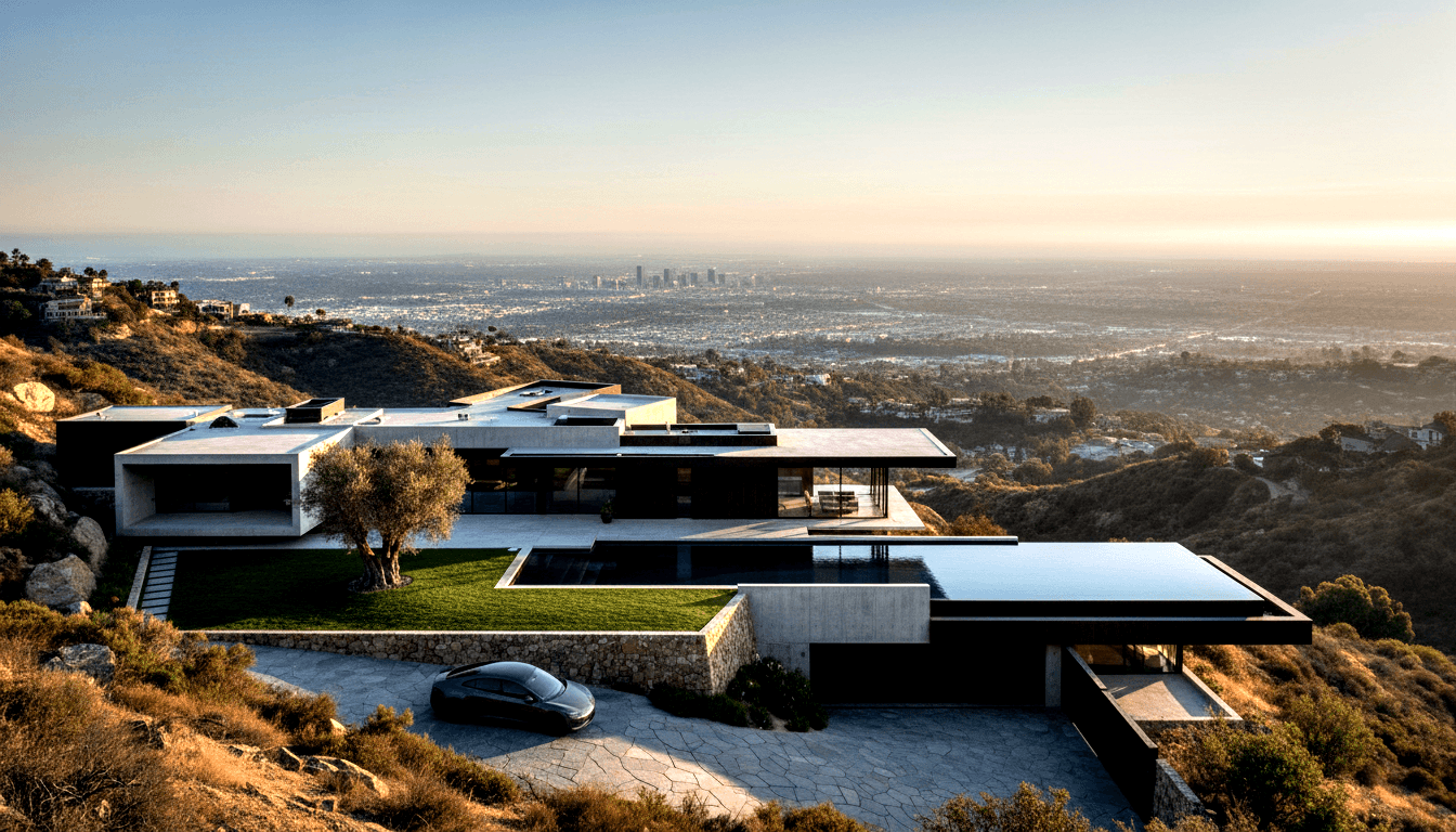 Modern hillside home: concrete & steel pavilions, cantilevered overhangs, pool, lawn, stone motor court, city basin at golden hour.
