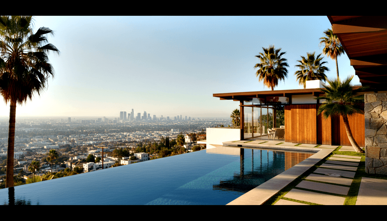 Infinity-edge pool with deep blue-gray water overlooks a hazy city skyline, beside a glass pavilion with amber wood cladding and stone pillars.