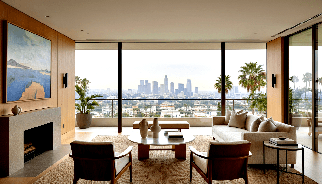 Living room with floor-to-ceiling glass walls, panoramic skyline, palm trees, cream sectional, wooden armchairs, stone fireplace.