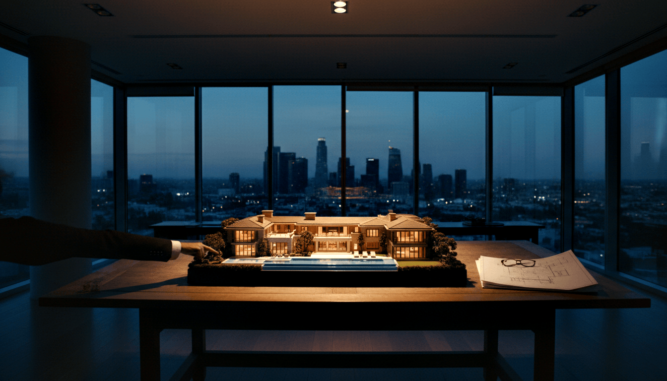 Glowing architectural scale model of an estate with pool and multiple wings on a wooden table, a suited hand pointing at it.