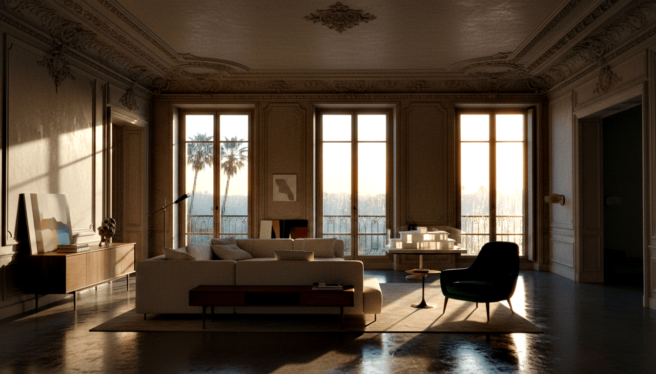 3D-rendered living room with plaster ceiling moldings, beige modular sofa, green armchair, and tall French windows with golden backlight.