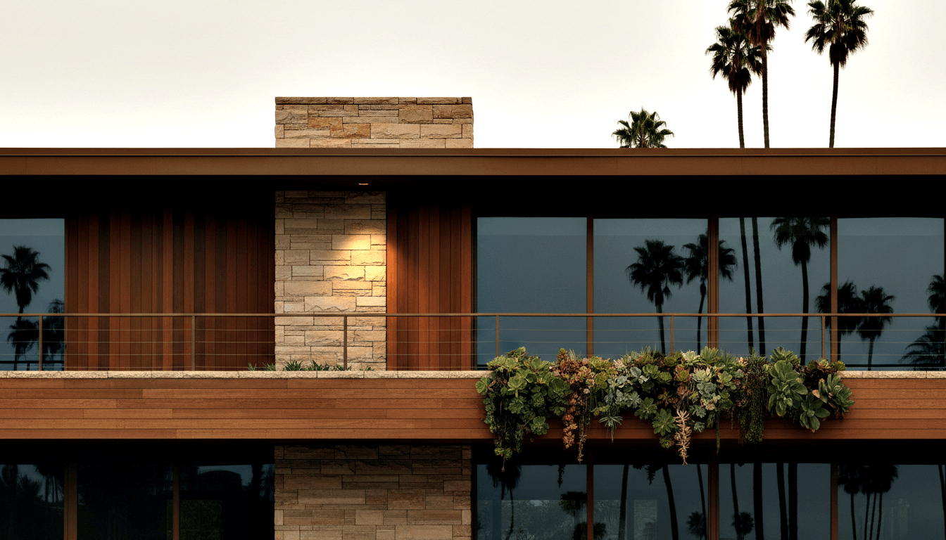 Mid-century modern building at twilight; amber-lit stone chimney, wood cladding, floor-to-ceiling dark glass, balcony with succulents.