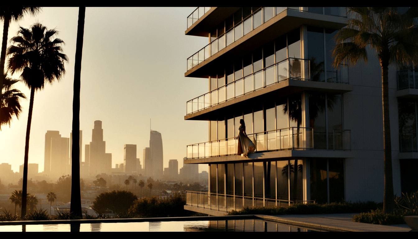 Person in copper-amber gown on cantilevered glass-railing balcony of modern building, facing hazy city skyline at golden hour.