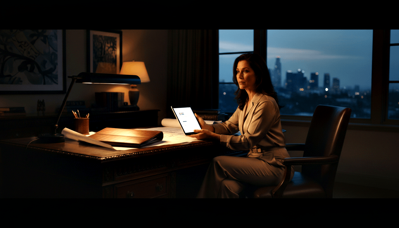Woman in beige-gray blazer sits at wooden executive desk holding glowing tablet, open blueprint lit by amber lamp, dusk city skyline behind her.