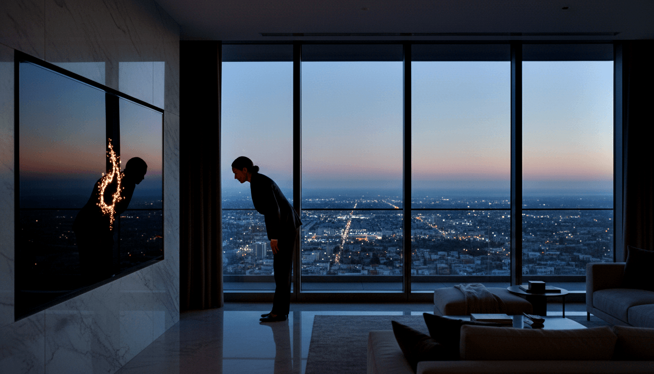 Woman in dark clothing leans toward glowing amber screen on marble wall; city skyline at dusk visible through floor-to-ceiling windows.