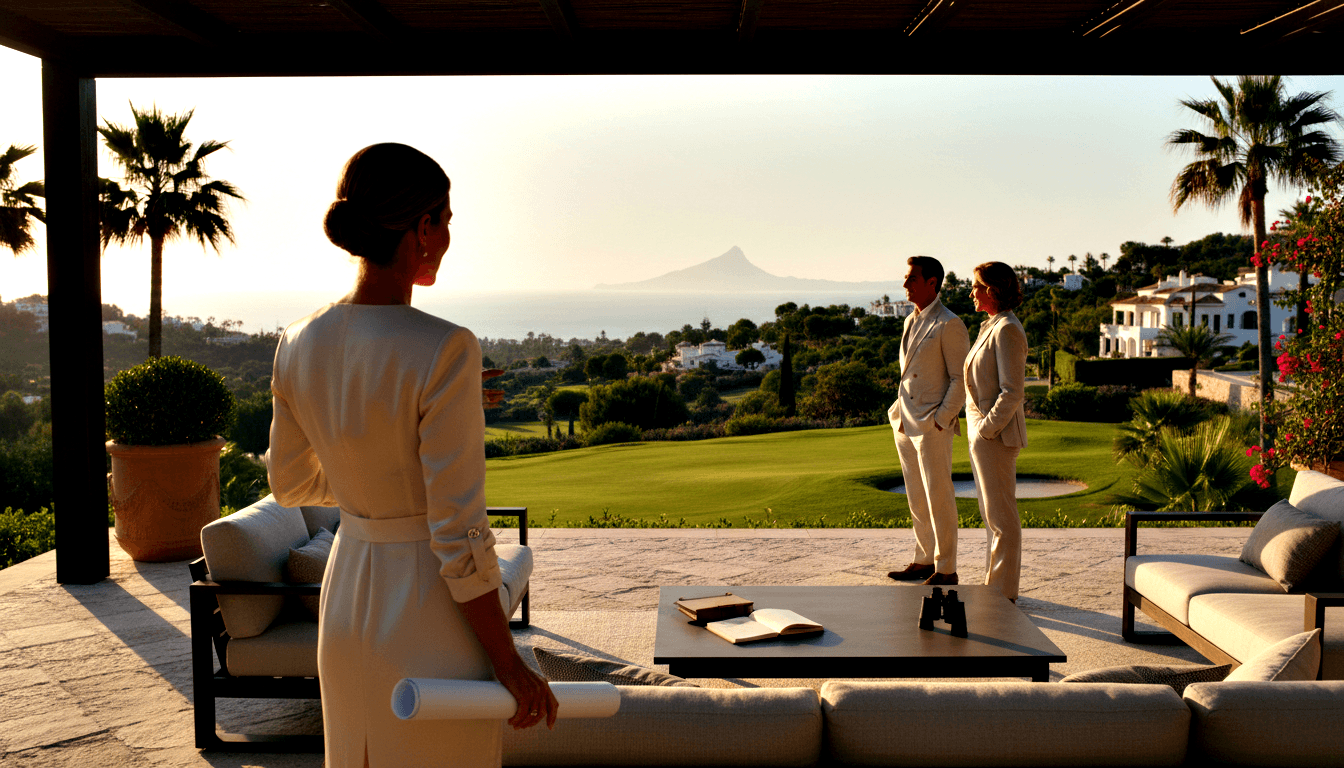 Covered terrace with sofas; three elegantly dressed figures in golden light facing lawn, palm trees, villas, and distant mountain.