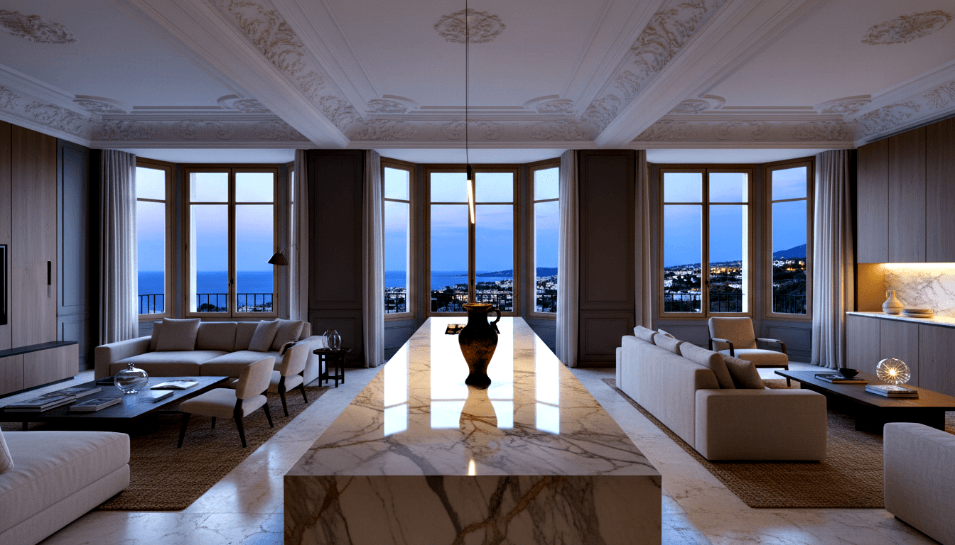 CGI living space: marble island, neutral sofas, dark wood tables, ornate ceiling, floor-to-ceiling windows with twilight cityscape.