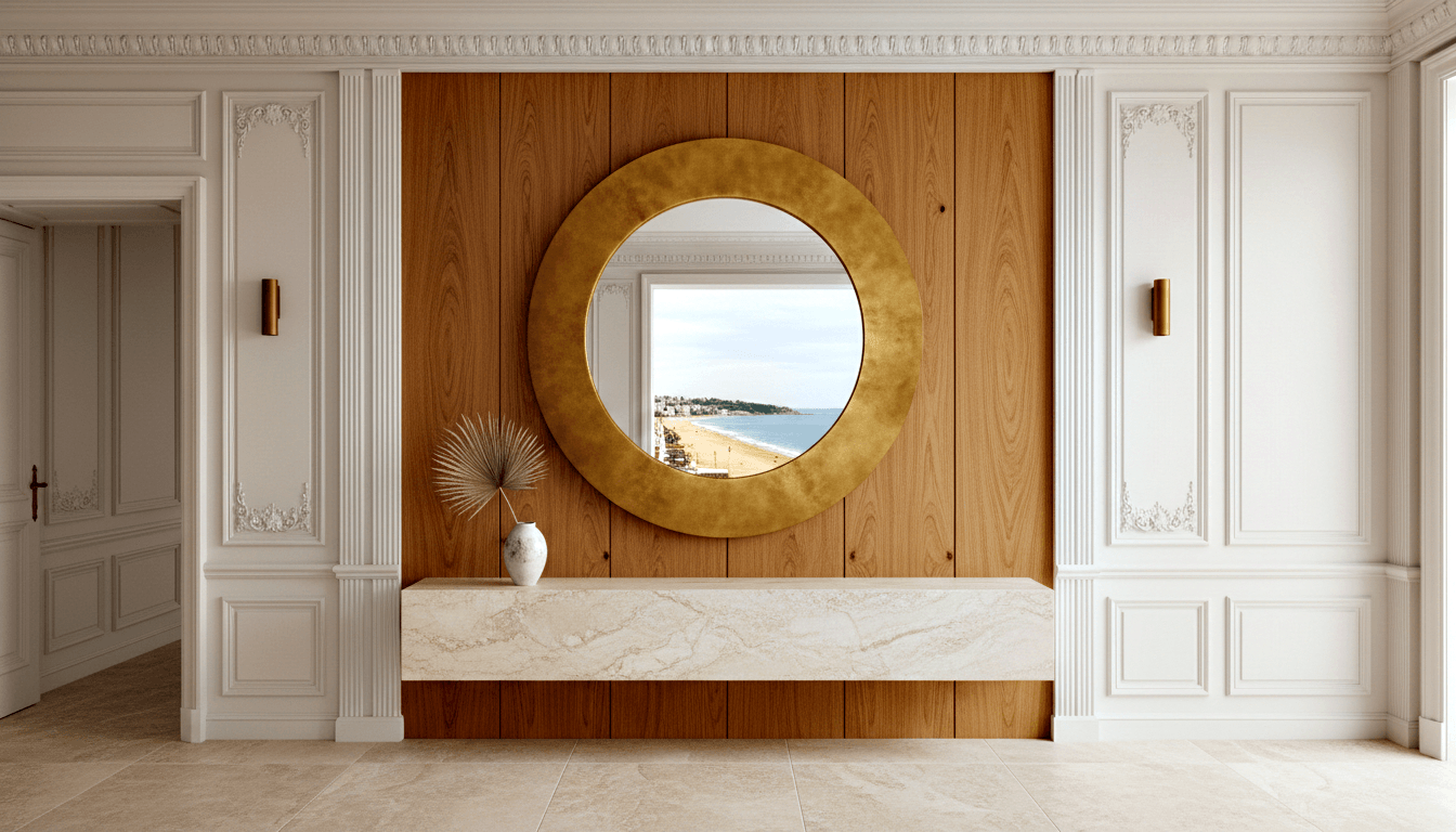 Aged-brass round mirror above marble console with white ceramic vase on wood-paneled wall, flanked by plasterwork pilasters and brass sconces.