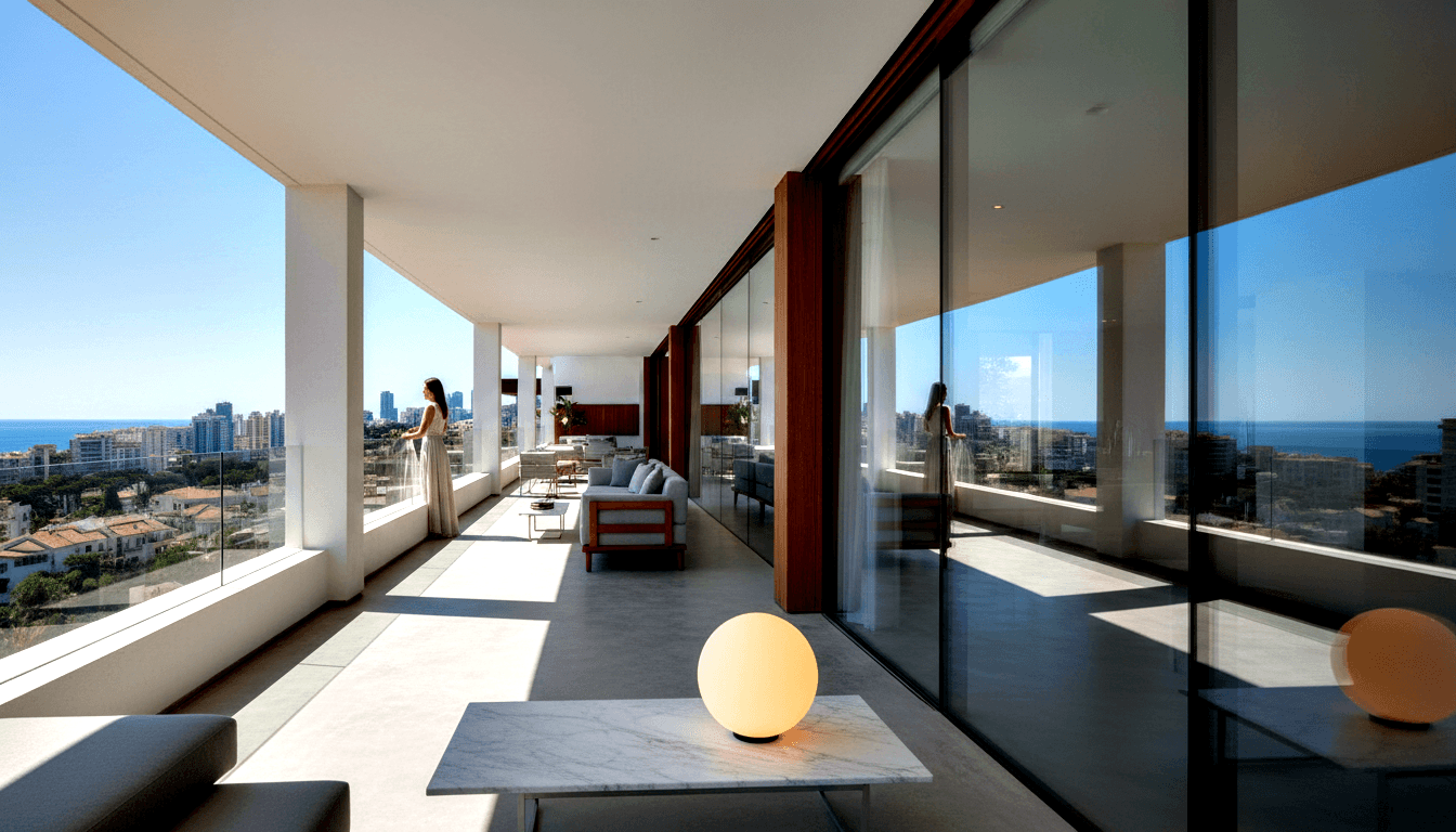 Woman in white dress on sunlit high-rise terrace with glass wall, overlooking coastal city and sea; marble table and seating nearby.