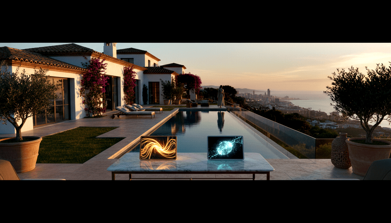 Villa terrace at dusk with infinity pool, silhouetted robed figure overlooking coastal city skyline, two glowing screens on marble table.