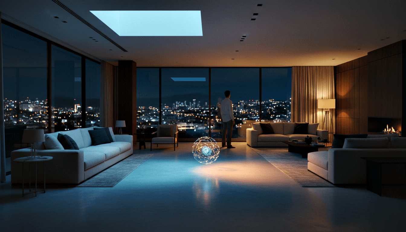 Person faces panoramic city windows in lit penthouse; glowing blue-white wireframe orb floats in foreground casting cyan light.