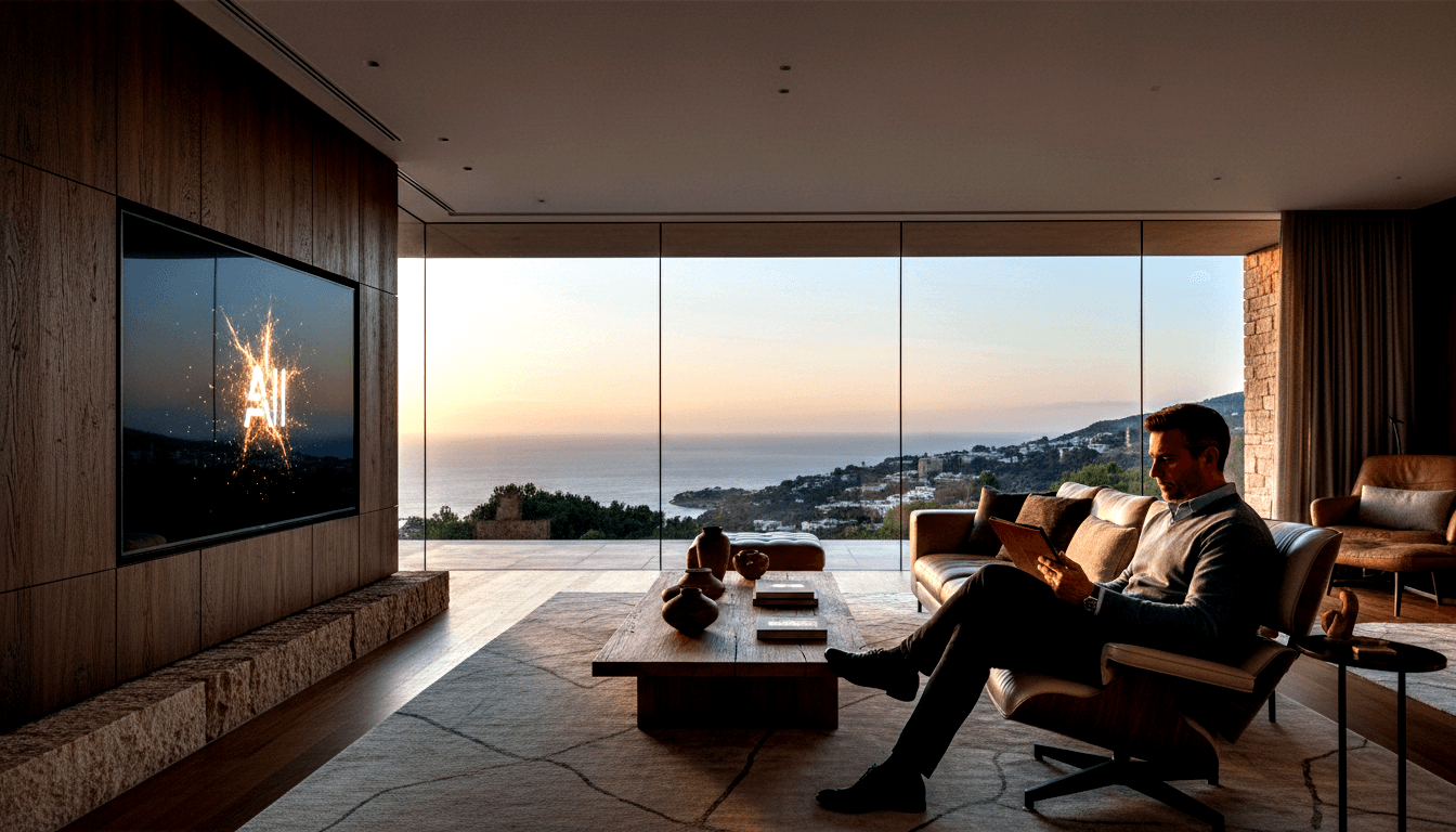 Man in grey sweater reclines in leather chair reading tablet; coastal dusk view through floor-to-ceiling glass, TV on wood-paneled wall.