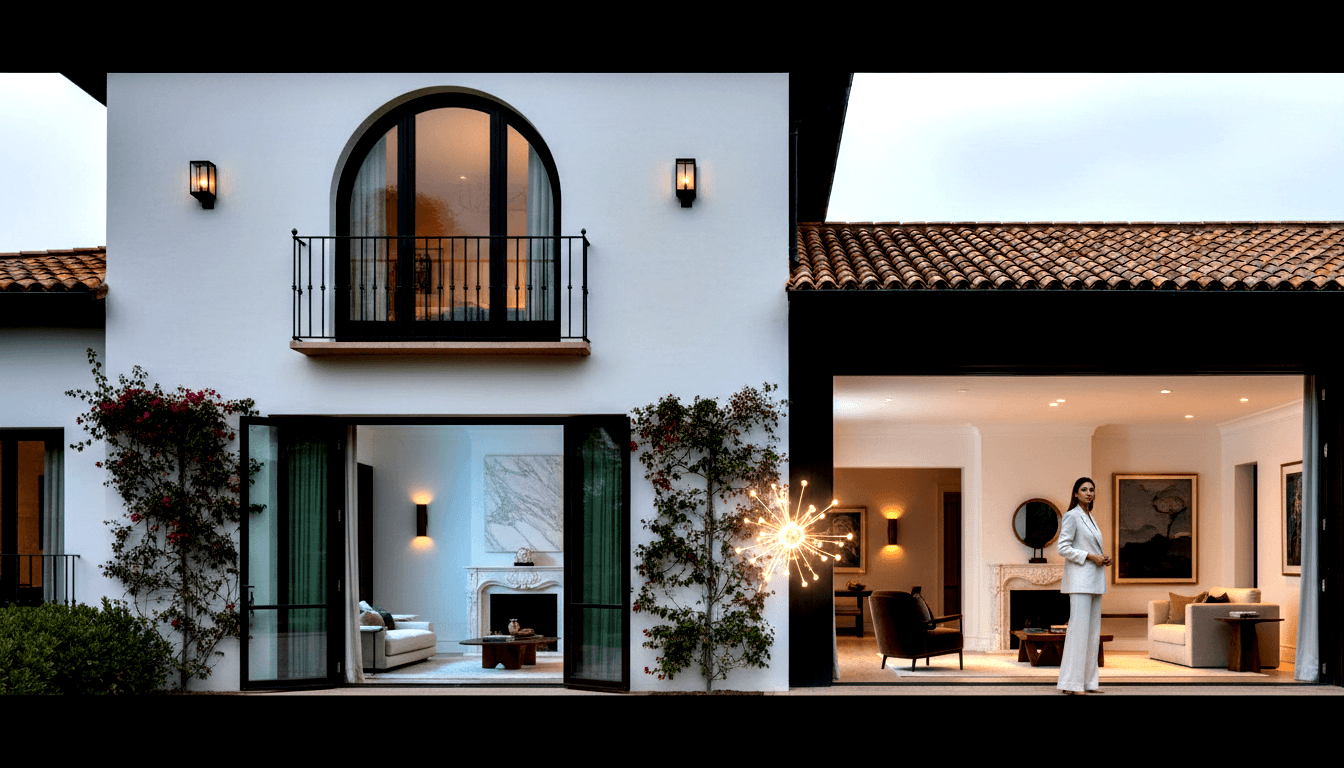 White stucco facade, terracotta roof, wrought-iron balcony, two warmly lit rooms with fireplaces through open bifold doors at dusk.