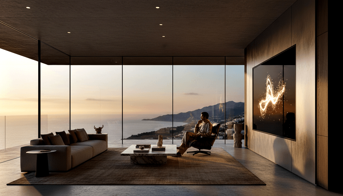 Man reclines in black leather chair with ottoman, hand near chin, beside glass walls with coastal dusk view.