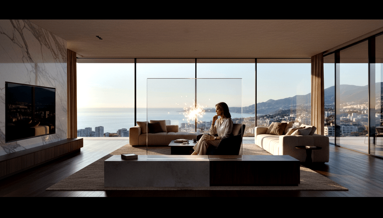 Middle-aged woman with dark hair sits in an armchair facing floor-to-ceiling windows with a coastal mountain and bay panorama.