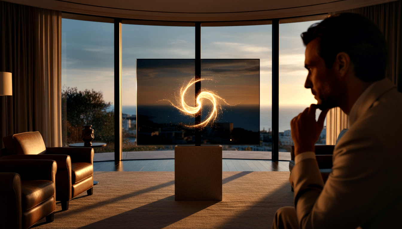Man in beige suit by flat-panel display showing golden spiral vortex; floor-to-ceiling windows reveal coastal twilight skyline.