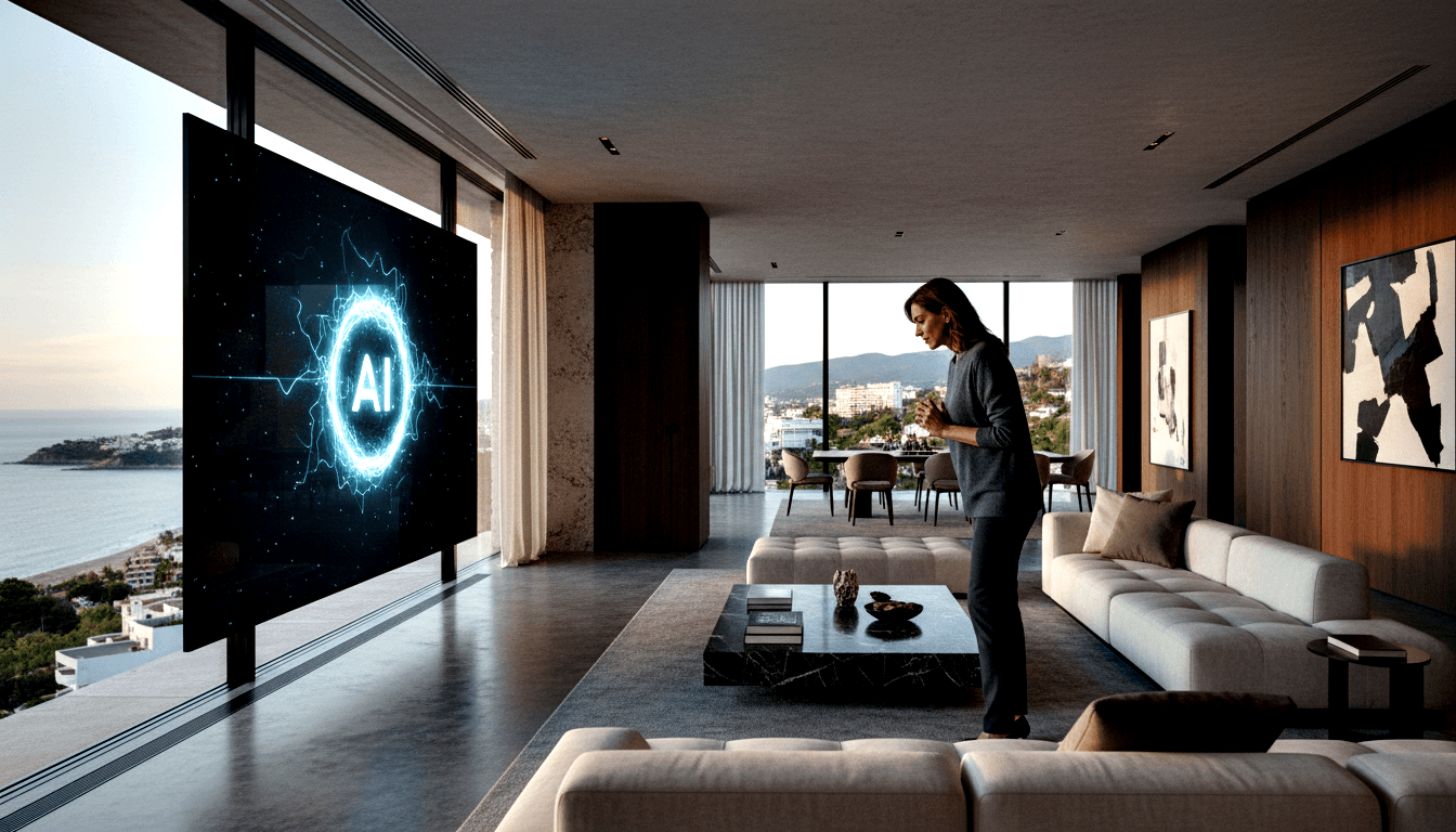 Woman with auburn hair in gray outfit leans toward wall-mounted screen displaying glowing cyan circular AI graphic in open-plan interior.