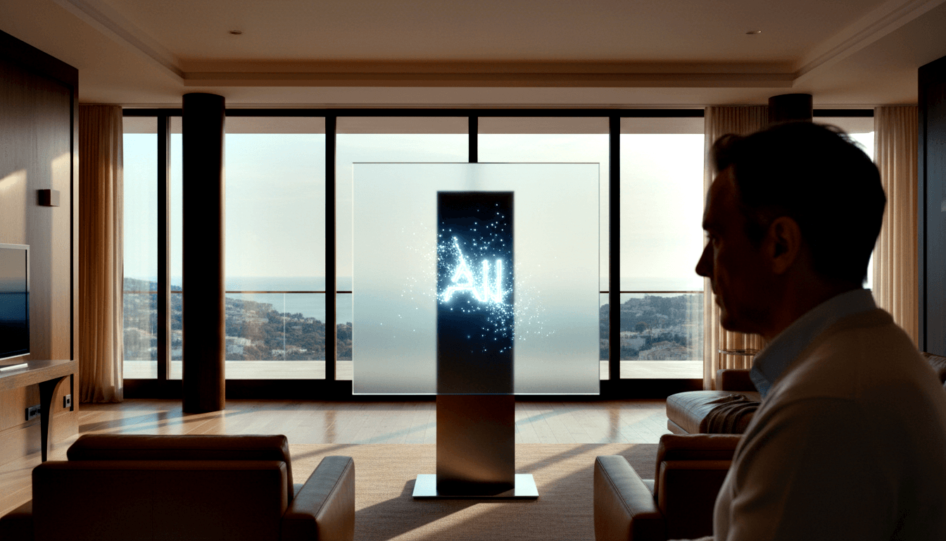 CGI living room with glowing blue-white 'AI' letters on a dark display atop metallic pedestal; male figure in cream sweater seated behind.