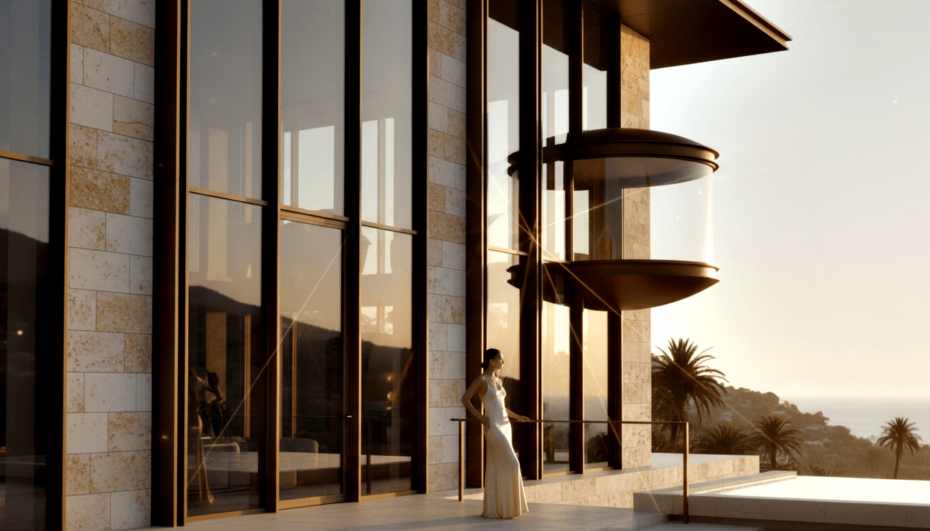 CGI render: modern building with bronze glass walls, travertine cladding, cylindrical elevator tower, hillside palms, and distant water.