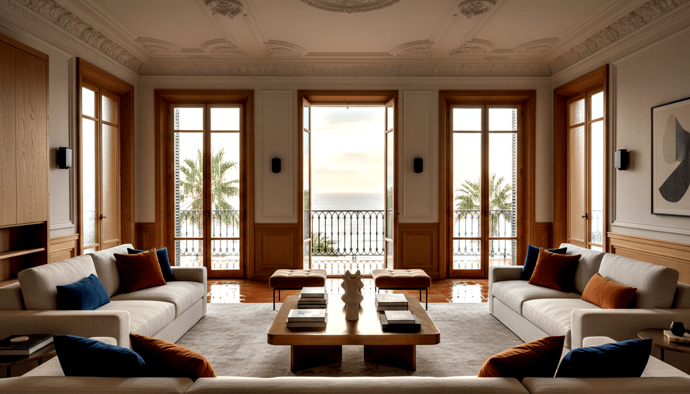 Symmetrical living room: open French doors, balcony, two gray sofas, rust ottomans, ornate plaster ceiling, terracotta tile.