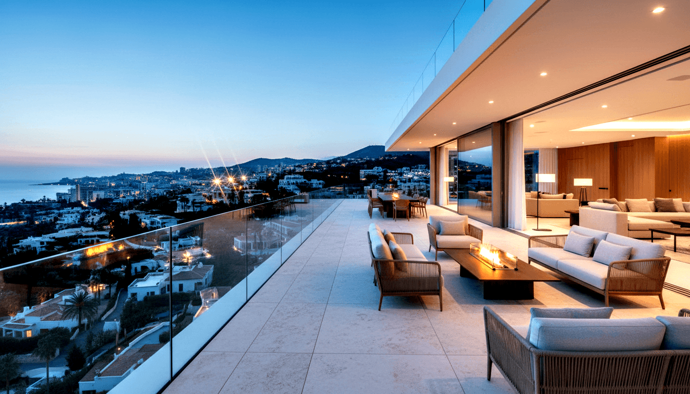 Elevated terrace at dusk with grey sofas and lounge chairs around a rectangular fire table with active flame, overlooking a glowing coastal city.
