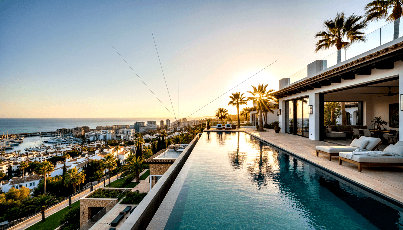 Infinity pool with turquoise water on a hillside villa terrace, glass balustrades, loungers, and coastal marina views at golden hour.