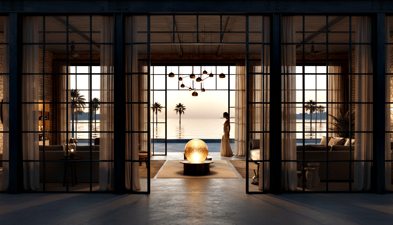 Steel-framed glass doors frame glowing amber sphere on pedestal, copper pendant lights, brick walls, and silhouetted woman in gown at waterfront.