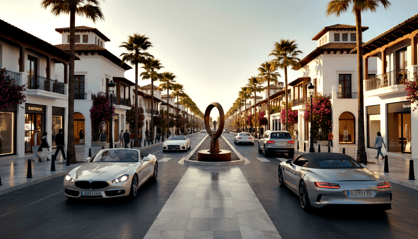CGI boulevard with ring-shaped bronze sculpture on round plinth, flanked by palm-lined median, white stucco buildings, and magenta bougainvillea.