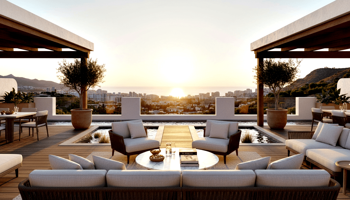 CGI rooftop terrace with two pergolas flanking a shallow reflecting pool, lounge seating, dining area, and coastal city views at golden hour.