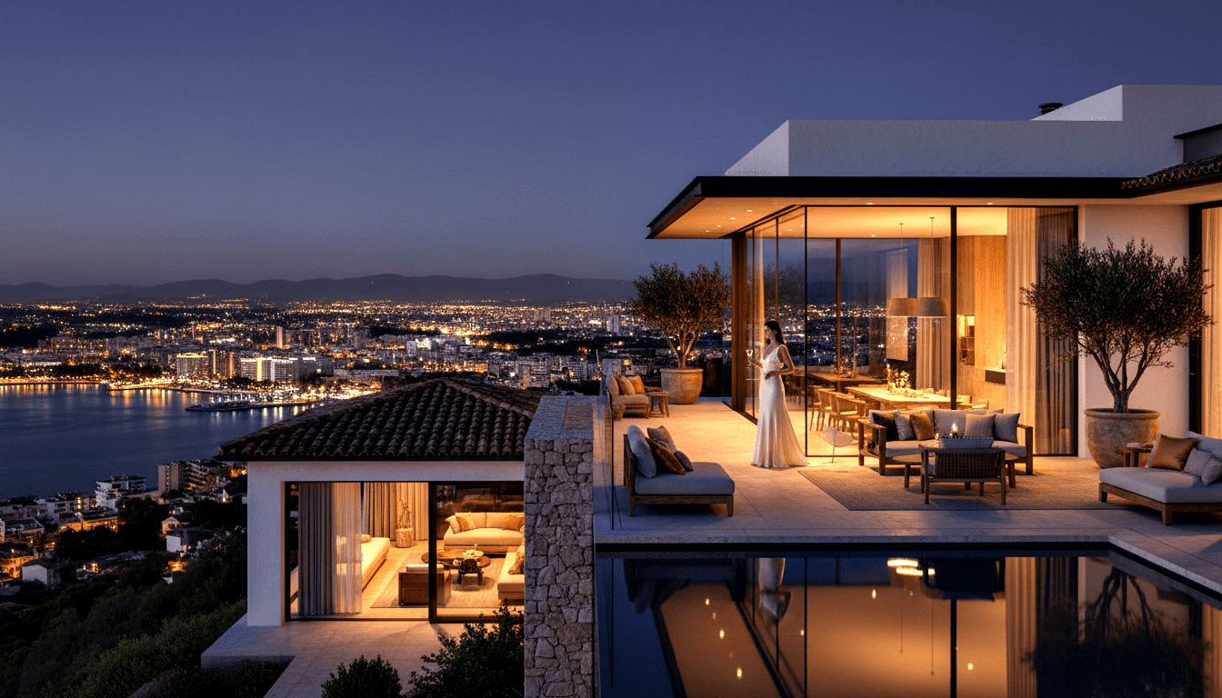 Woman in long white gown holding stemmed glass by floor-to-ceiling glass walls of a CGI hillside villa with infinity pool at dusk.