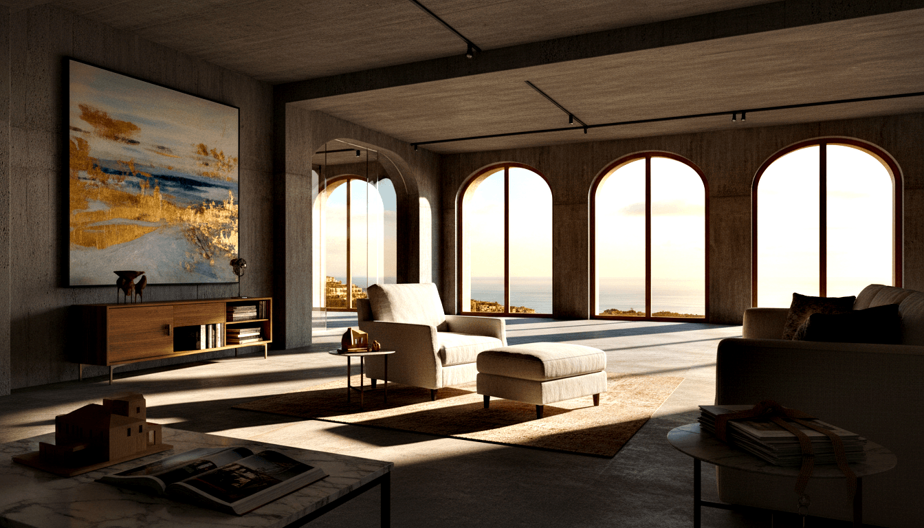 CGI interior: raw concrete walls, arched windows casting striped golden shadows, ocean view, cream armchair, dark sofa.
