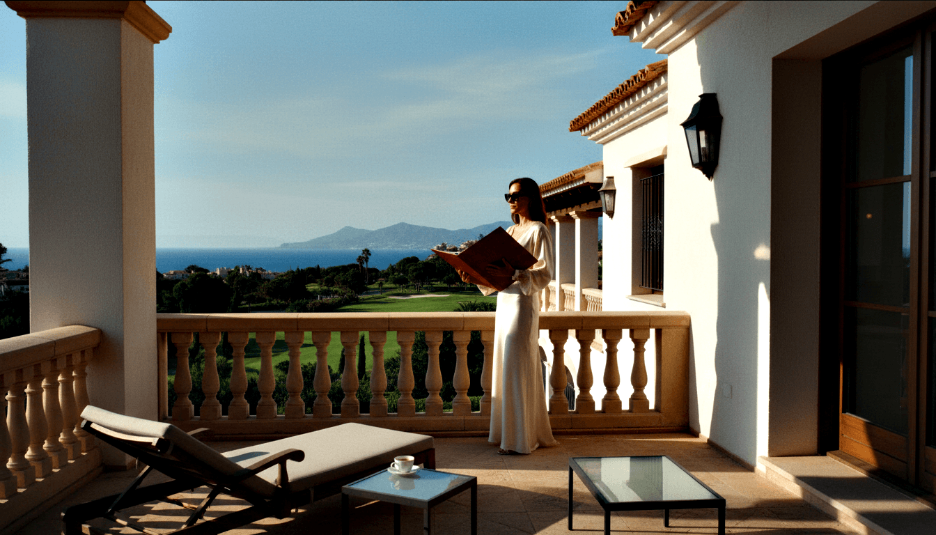 Woman in white dress and sunglasses holds a large book on a stone terrace overlooking a coastal town and blue sea.