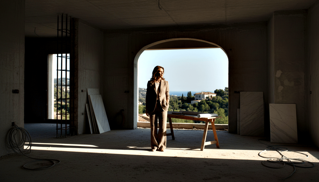 Woman in beige linen blazer and wide-leg trousers stands in large arched concrete opening with hillside, villas, and coastline behind her.