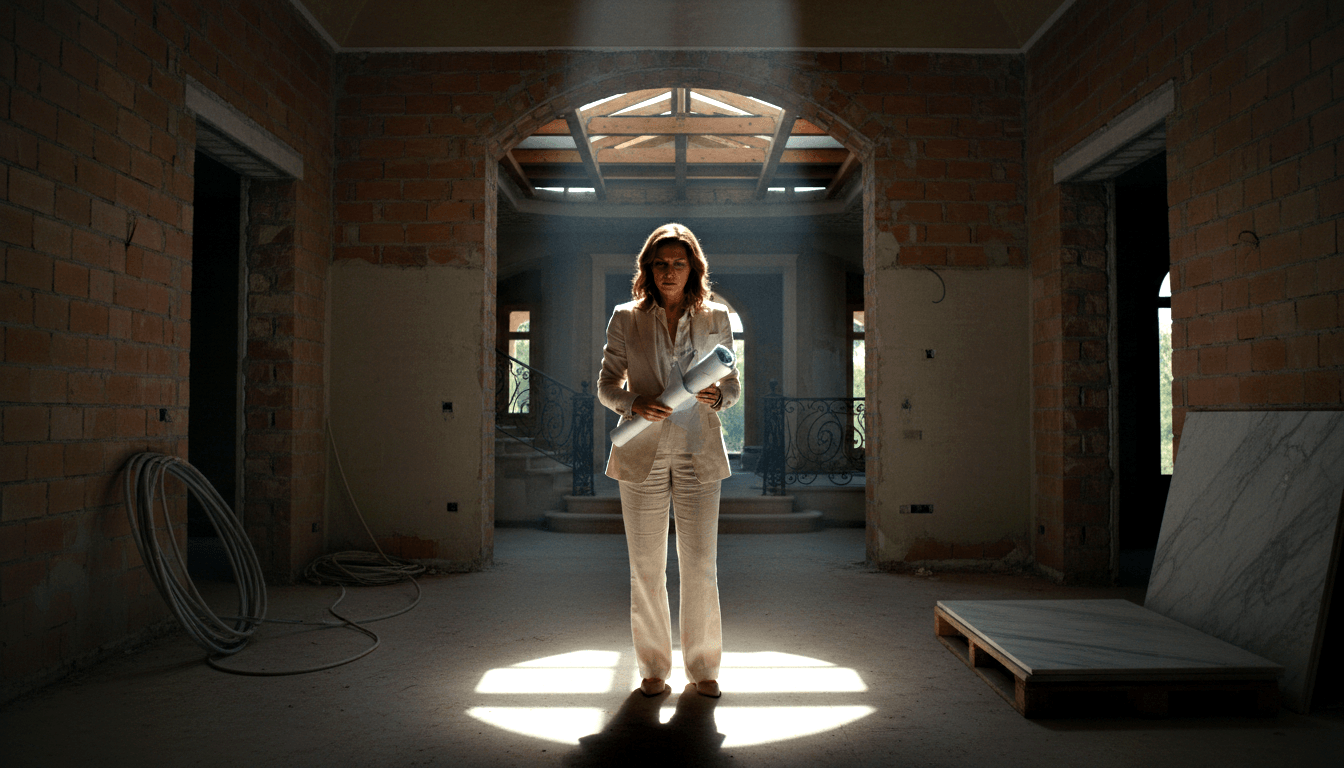 Woman in white blazer holds rolled architectural plans center of unfinished building with brick walls and wooden trusses.