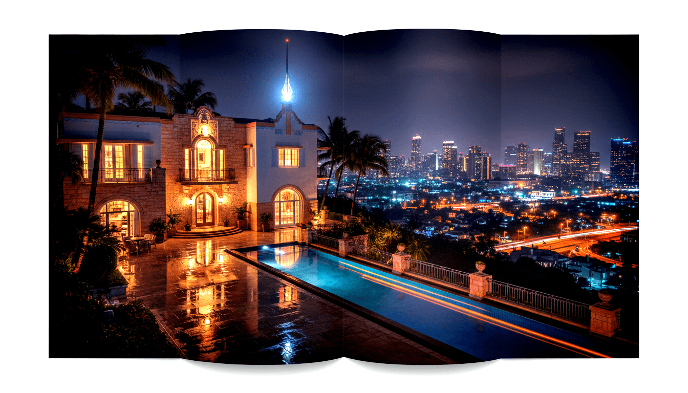 Stone mansion with arched doorways and glowing spire beside electric-blue infinity pool on elevated terrace above city skyline.