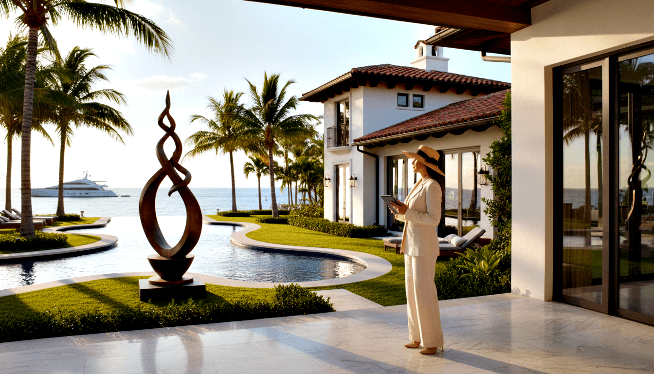 Woman in cream pantsuit and wide-brimmed hat holds tablet beside rust-colored double-loop metal sculpture on marble terrace.