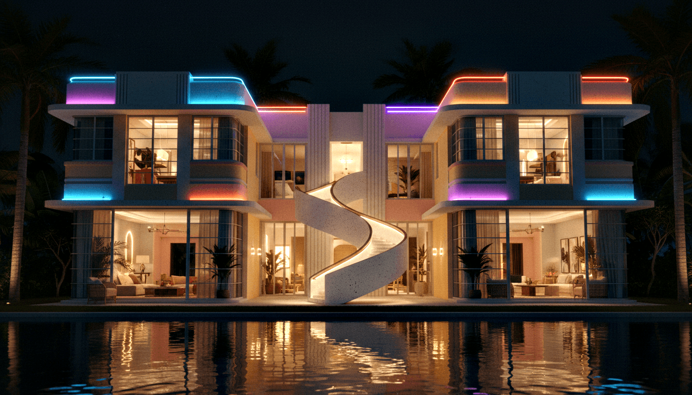 Symmetrical two-story CGI villa at night with white spiral staircase, warm lit windows, LED-accented rooflines, and a foreground reflecting pool.