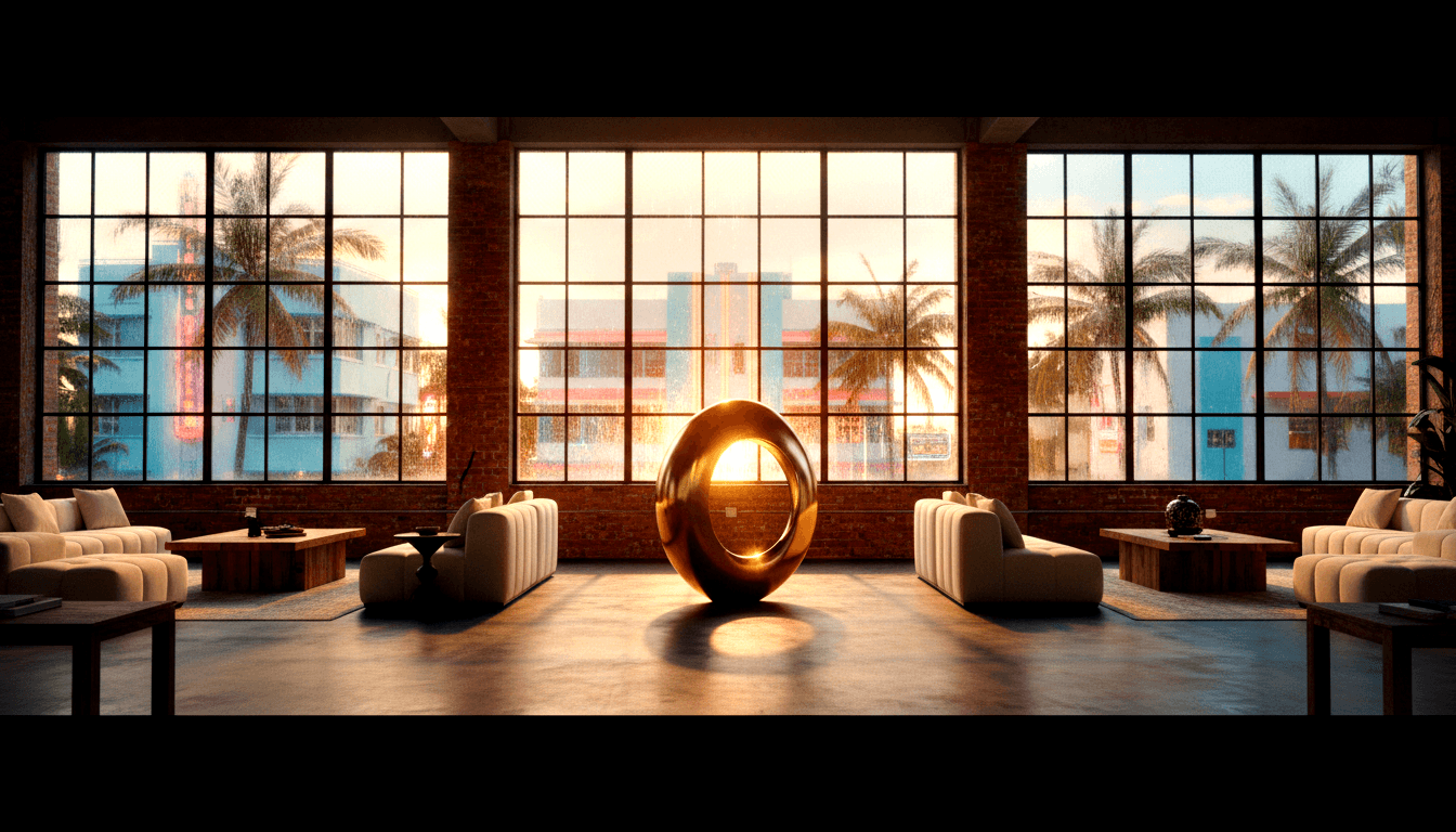 Symmetrical interior: golden egg sculpture on concrete floor, cream sofas, brick walls, warm backlit window, Art Deco buildings outside.