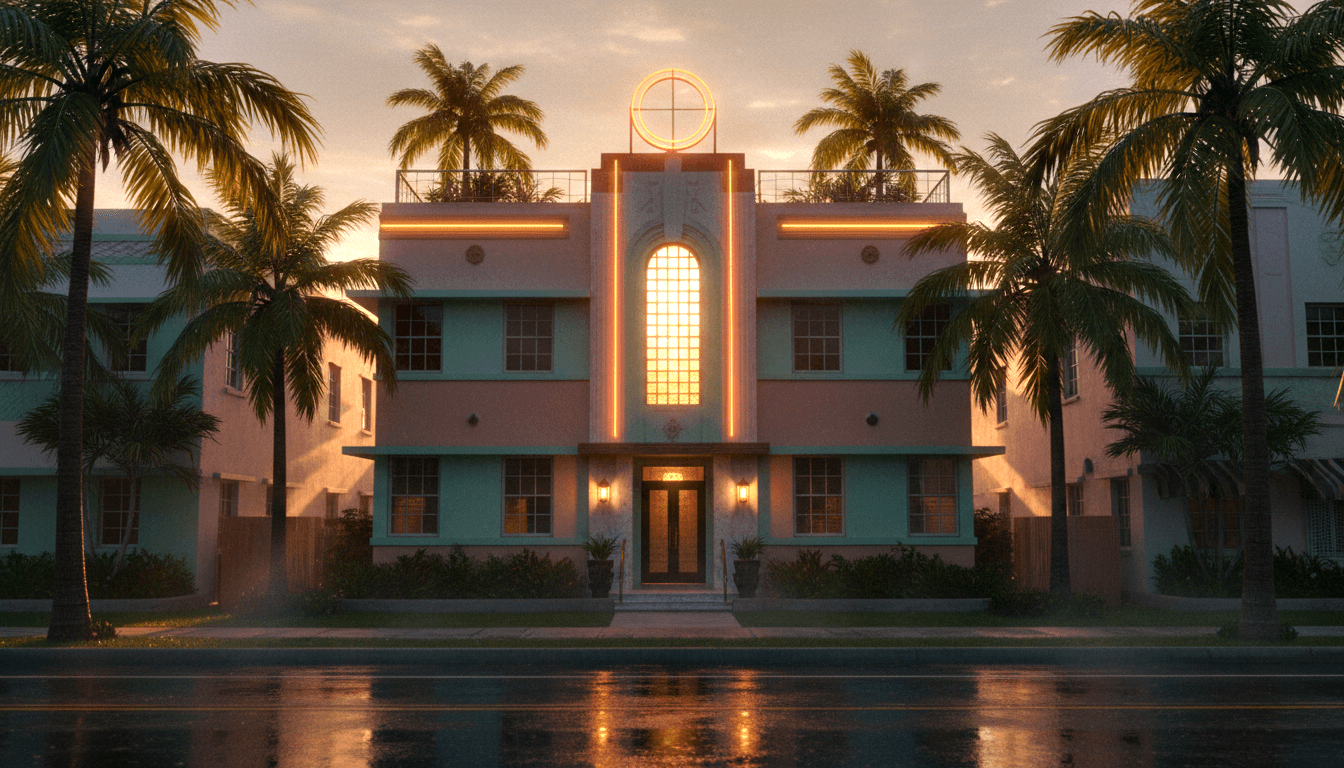 Art Deco building, salmon facade, seafoam trim, orange neon strips, arched frosted window, palm trees, wet street at twilight.